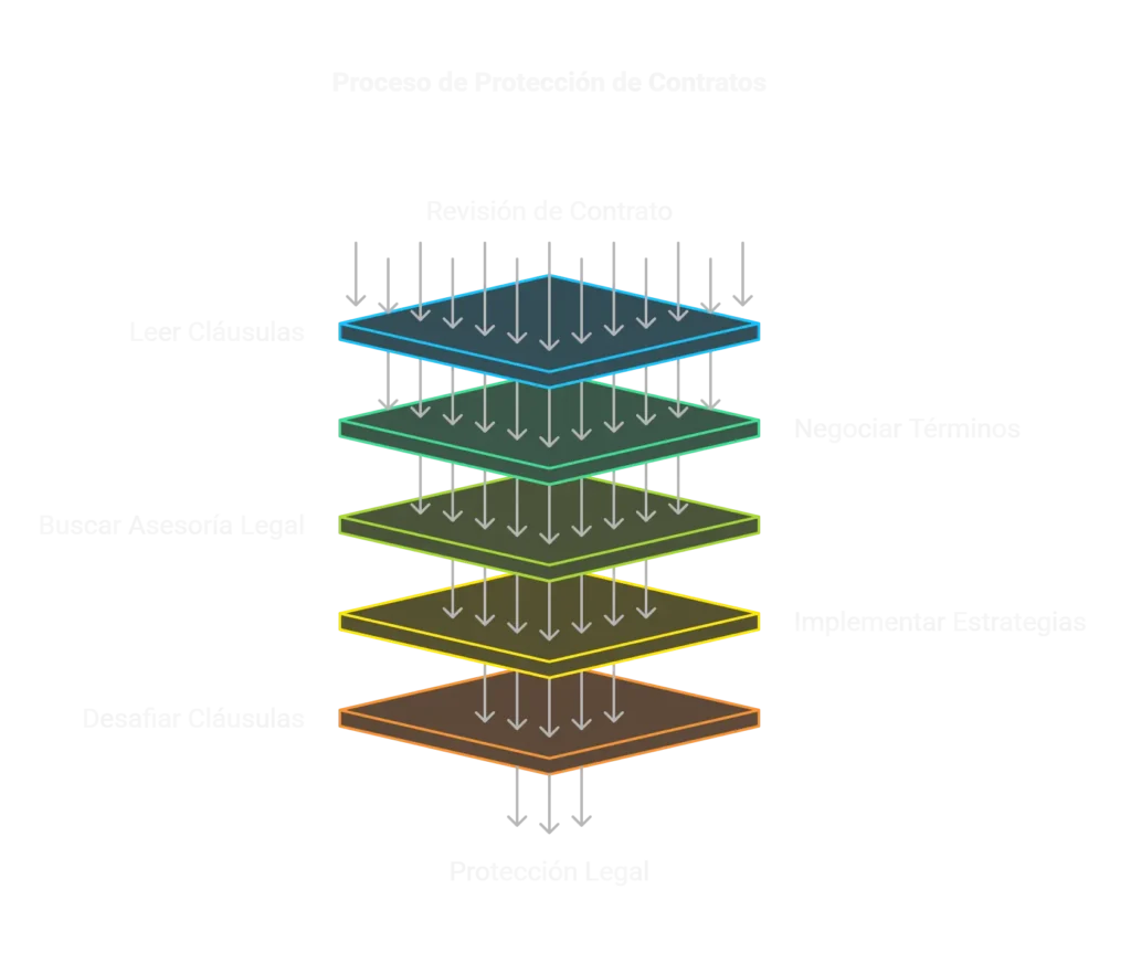 Diagrama de flujo de 5 niveles que muestra el proceso completo de protección contra cláusulas abusivas en contratos inmobiliarios: revisión, lectura, negociación, asesoría legal, implementación de estrategias, desafío de cláusulas y protección legal.