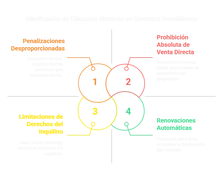 Diagrama circular de las cuatro cláusulas abusivas más frecuentes en contratos inmobiliarios: penalizaciones desproporcionadas, prohibición de venta directa, limitaciones a inquilinos y renovaciones automáticas.