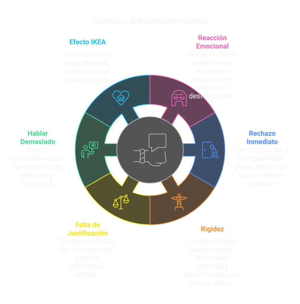 Estrategias para responder a ofertas bajas: mantener la calma, usar datos para justificar, crear urgencia, negociar términos no monetarios y presentar alternativas